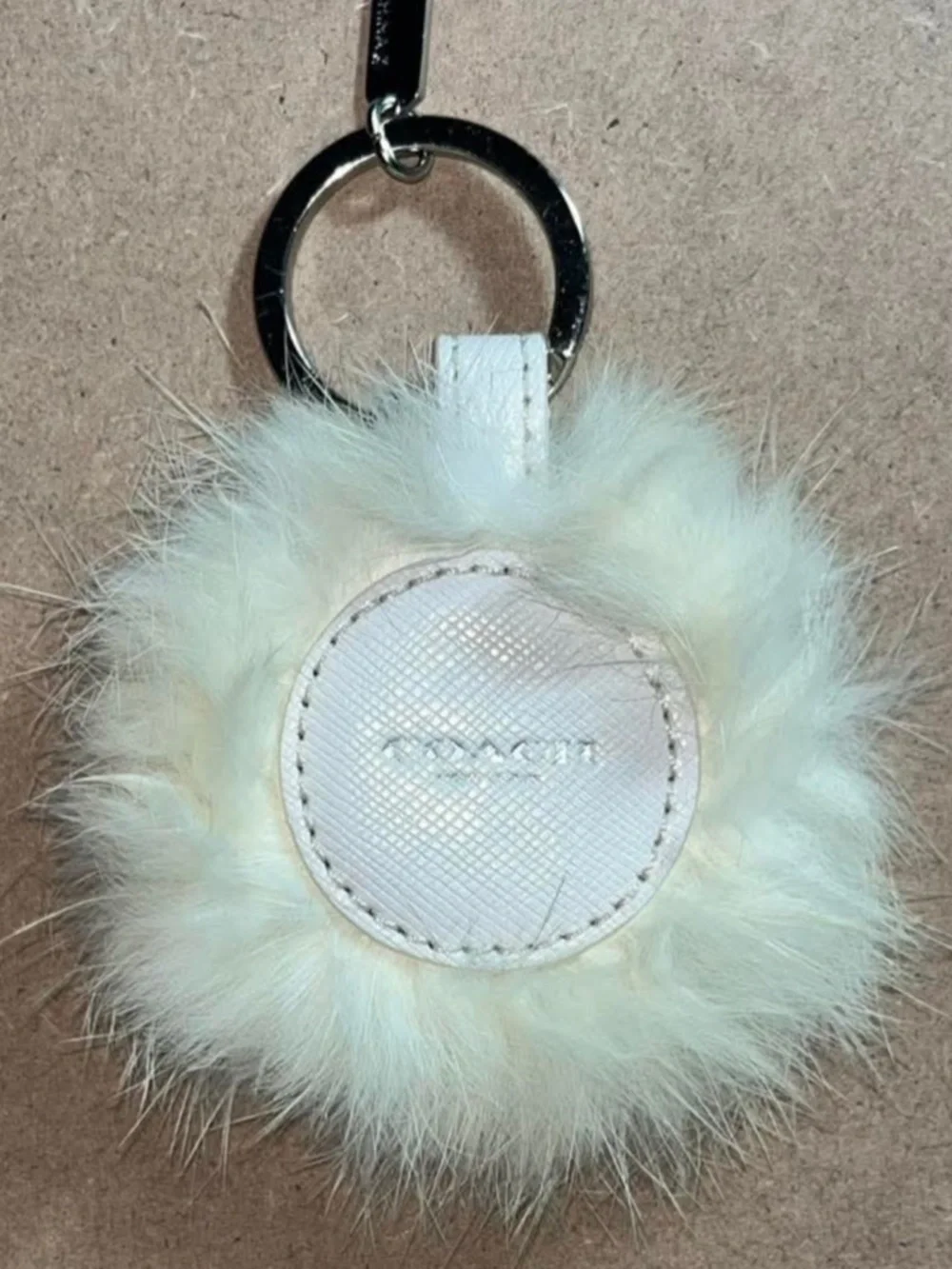 COACH WHITE FURRY LION KEYRING W/COACH CHARM SILVER-TONE NWT W/COACH BOX